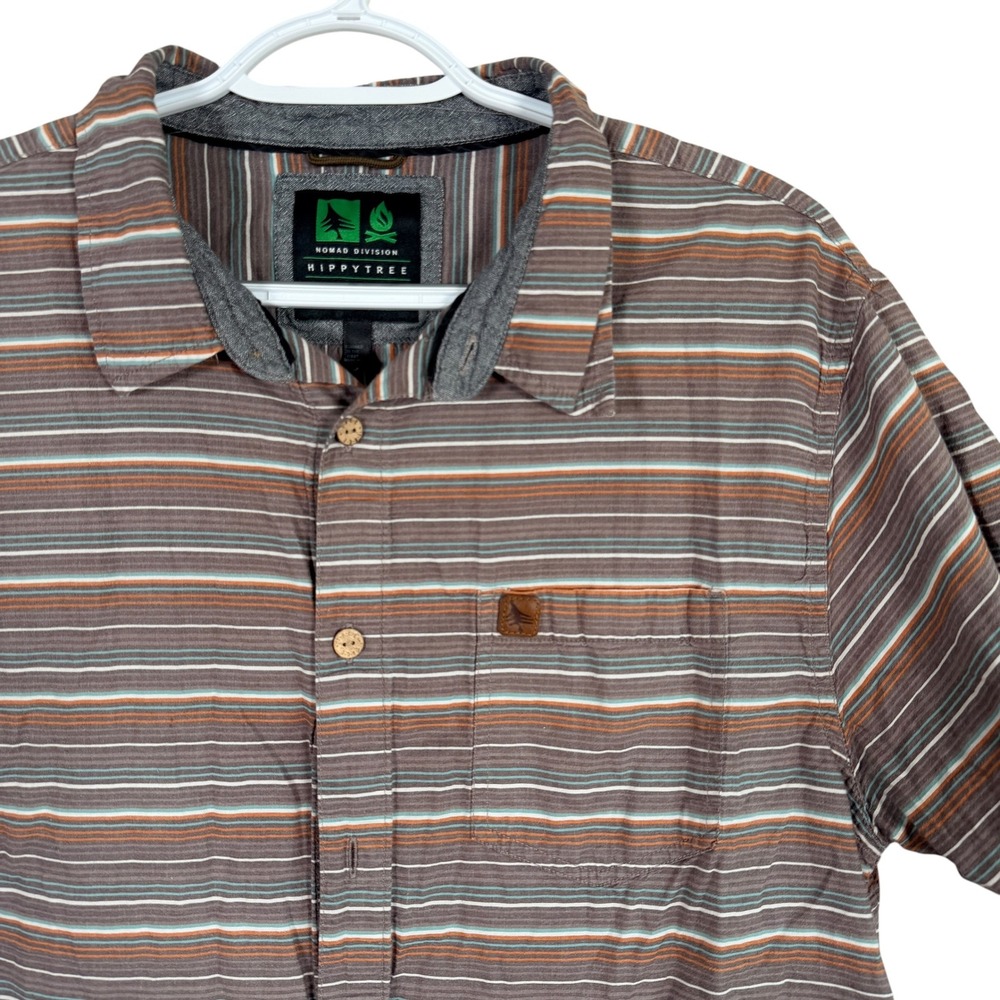 HippyTree Button Down Shirt Mens L Brown Striped‎ Short Sleeve Cotton Nomad read